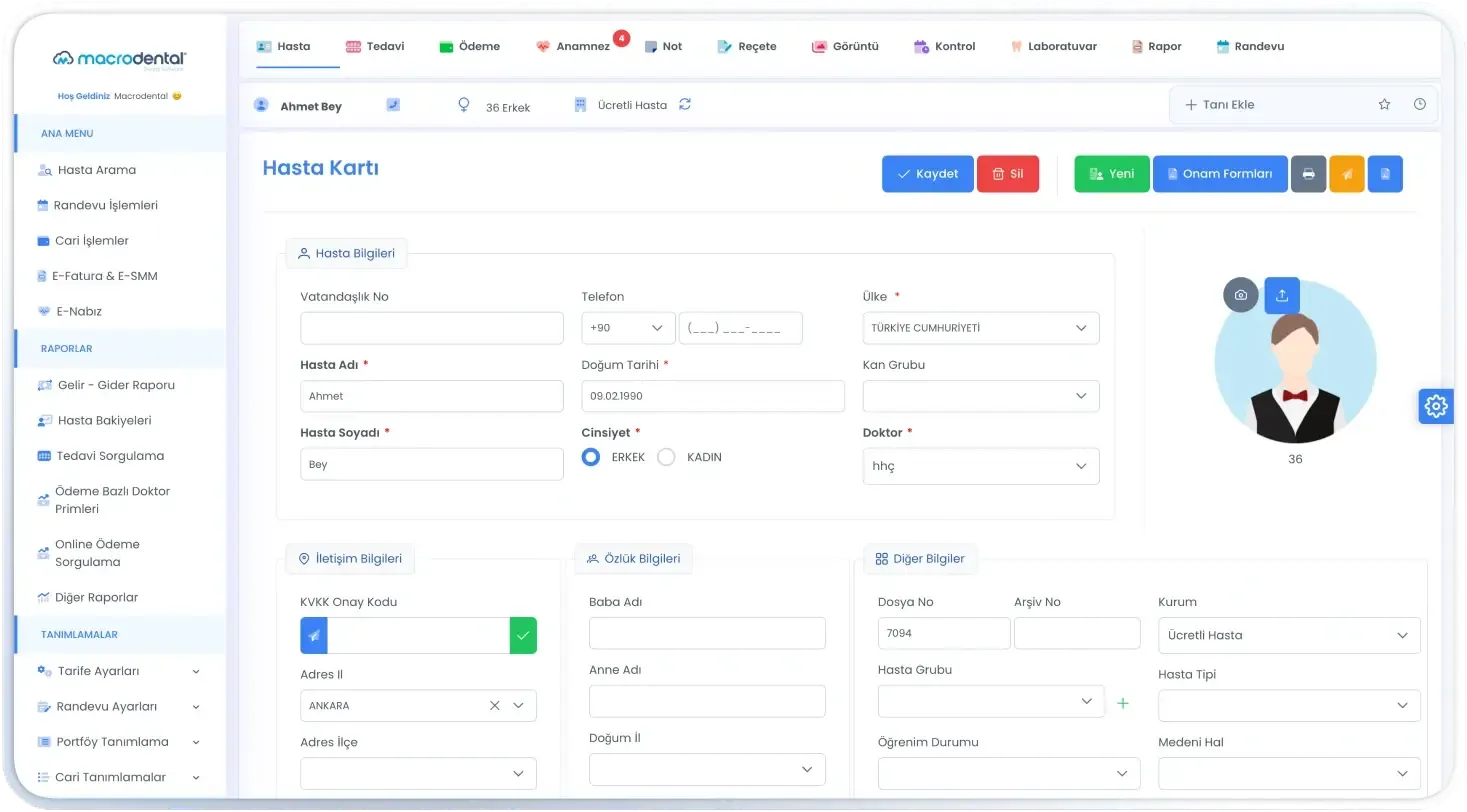 Macrodental Cloud hasta ve randevu yönetim ekranı